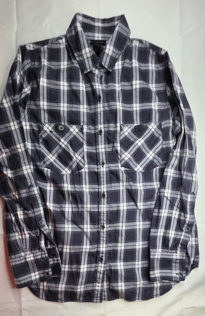 True Religion Men's Plaid Long Sleeve Flannel Shirt Size SP Black/white Sku 0389